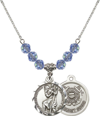 18" Rhodium Plated Necklace with 4mm Light Sapphire Crystal Beads featuring a Sterling Silver Saint Christopher / Coast Guard Medal.
