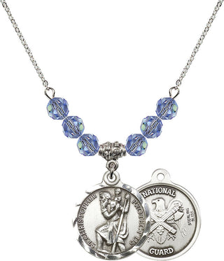18" Rhodium Plated Necklace with 4mm Light Sapphire Crystal Beads featuring a Sterling Silver Saint Christopher / Nat'l Guard Medal.