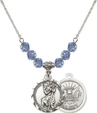 18" Rhodium Plated Necklace with 4mm Light Sapphire Crystal Beads featuring a Sterling Silver Saint Christopher / Navy Medal.
