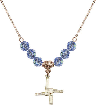 18" Hamilton Gold Plated Necklace with 4mm Light Sapphire Crystal Beads featuring a 14kt Gold Filled Saint Brigid Cross Medal.