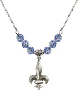 18" Rhodium Plated Necklace with 4mm Light Sapphire Crystal Beads featuring a Sterling Silver Fleur de Lis Medal.