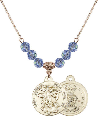 18" Hamilton Gold Plated Necklace with 4mm Light Sapphire Crystal Beads featuring a 14kt Gold Filled Saint Michael / Air Force Medal.