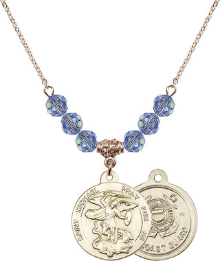 18" Hamilton Gold Plated Necklace with 4mm Light Sapphire Crystal Beads featuring a 14kt Gold Filled Saint Michael / Coast Guard Medal.