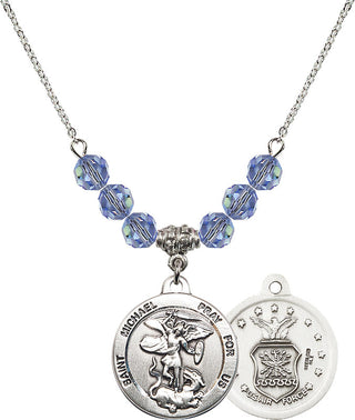 18" Rhodium Plated Necklace with 4mm Light Sapphire Crystal Beads featuring a Sterling Silver Saint Michael / Air Force Medal.