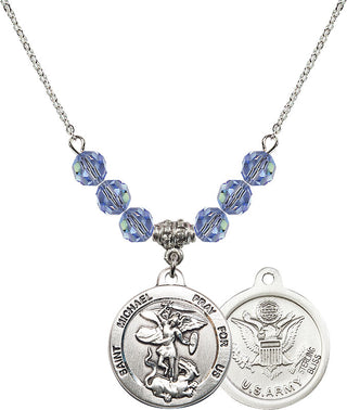 18" Rhodium Plated Necklace with 4mm Light Sapphire Crystal Beads featuring a Sterling Silver Saint Michael / Army Medal.