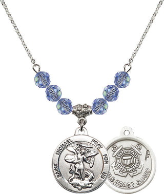 18" Rhodium Plated Necklace with 4mm Light Sapphire Crystal Beads featuring a Sterling Silver Saint Michael / Coast Guard Medal.