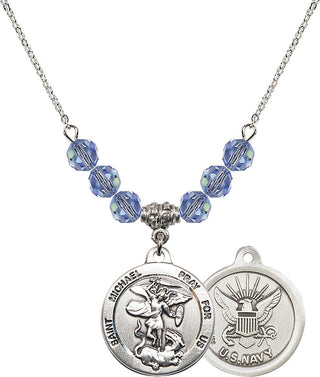 18" Rhodium Plated Necklace with 4mm Light Sapphire Crystal Beads featuring a Sterling Silver Saint Michael / Navy Medal.