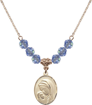 18" Hamilton Gold Plated Necklace with 4mm Light Sapphire Crystal Beads featuring a 14kt Gold Filled Madonna & Child Medal.