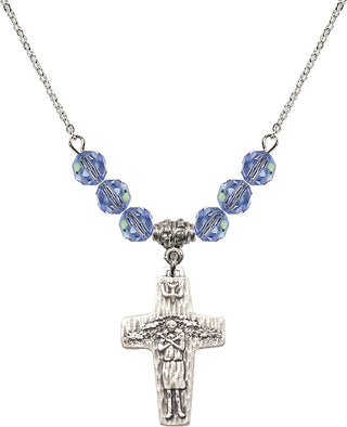 18" Rhodium Plated Necklace with 4mm Light Sapphire Crystal Beads featuring a Sterling Silver Papal Crucifix Medal.