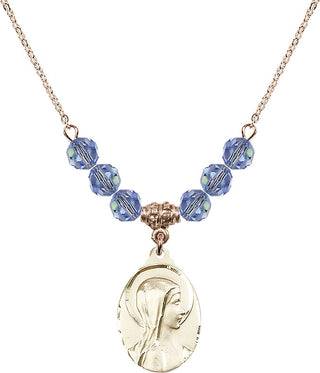 18" Hamilton Gold Plated Necklace with 4mm Light Sapphire Crystal Beads featuring a 14kt Gold Filled Sorrowful Mother Medal.