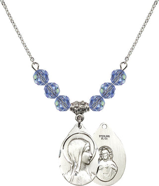 18" Rhodium Plated Necklace with 4mm Light Sapphire Crystal Beads featuring a Sterling Silver Sorrowful Mother Medal.