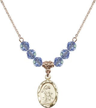 18" Hamilton Gold Plated Necklace with 4mm Light Sapphire Crystal Beads featuring a 14kt Gold Filled Guardian Angel Medal. Engraved Catholic Saint Jewelry