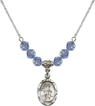18" Rhodium Plated Necklace with 4mm Light Sapphire Crystal Beads featuring a Sterling Silver Guardian Angel Medal. Engraved Catholic Saint Jewelry