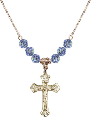 18" Hamilton Gold Plated Necklace with 4mm Light Sapphire Crystal Beads featuring a 14kt Gold Filled Crucifix Medal.