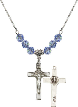 18" Rhodium Plated Necklace with 4mm Light Sapphire Crystal Beads featuring a Sterling Silver Saint Benedict Crucifix Medal.