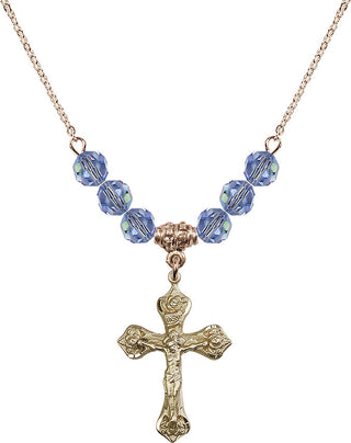 18" Hamilton Gold Plated Necklace with 4mm Light Sapphire Crystal Beads featuring a 14kt Gold Filled Crucifix Medal.