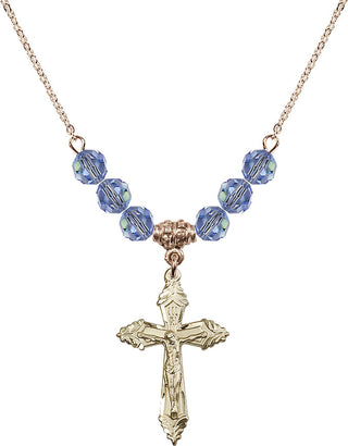 18" Hamilton Gold Plated Necklace with 4mm Light Sapphire Crystal Beads featuring a 14kt Gold Filled Crucifix Medal.