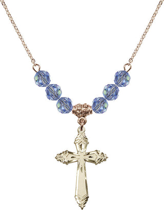 18" Hamilton Gold Plated Necklace with 4mm Light Sapphire Crystal Beads featuring a 14kt Gold Filled Cross Medal.