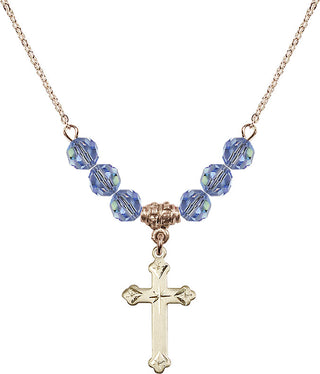 18" Hamilton Gold Plated Necklace with 4mm Light Sapphire Crystal Beads featuring a 14kt Gold Filled Cross Medal.