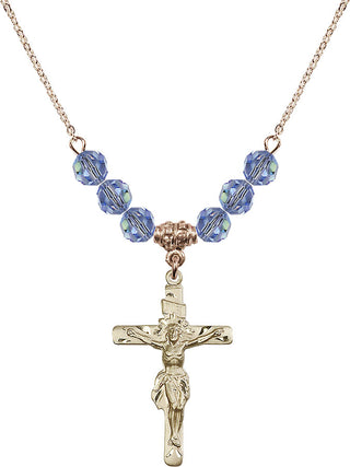 18" Hamilton Gold Plated Necklace with 4mm Light Sapphire Crystal Beads featuring a 14kt Gold Filled Crucifix Medal.