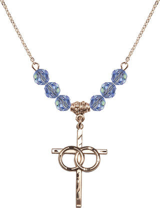 18" Hamilton Gold Plated Necklace with 4mm Light Sapphire Crystal Beads featuring a 14kt Gold Filled Wedding Rings Cross Medal.