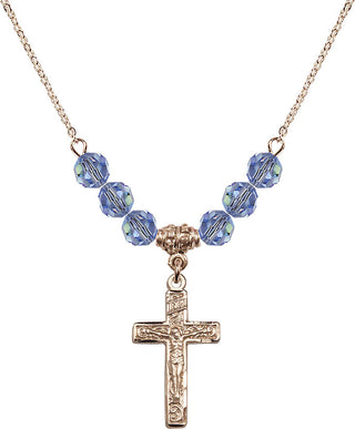 18" Hamilton Gold Plated Necklace with 4mm Light Sapphire Crystal Beads featuring a 14kt Gold Filled Crucifix Medal.