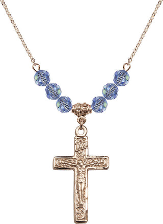 18" Hamilton Gold Plated Necklace with 4mm Light Sapphire Crystal Beads featuring a 14kt Gold Filled Crucifix Medal.