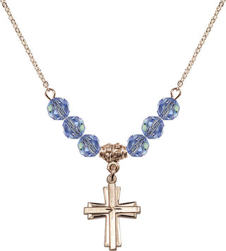 18" Hamilton Gold Plated Necklace with 4mm Light Sapphire Crystal Beads featuring a 14kt Gold Filled Cross Medal.