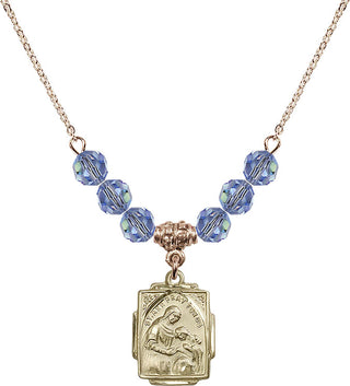 18" Hamilton Gold Plated Necklace with 4mm Light Sapphire Crystal Beads featuring a 14kt Gold Filled Saint Ann Medal. Engraved Catholic Saint Jewelry