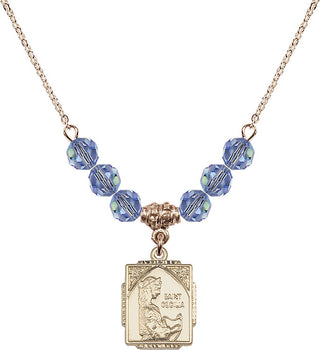 18" Hamilton Gold Plated Necklace with 4mm Light Sapphire Crystal Beads featuring a 14kt Gold Filled Saint Cecilia Medal. Engraved Catholic Saint Jewelry