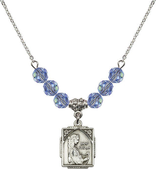 18" Rhodium Plated Necklace with 4mm Light Sapphire Crystal Beads featuring a Sterling Silver Saint Cecilia Medal. Engraved Catholic Saint Jewelry