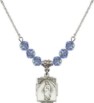 18" Rhodium Plated Necklace with 4mm Light Sapphire Crystal Beads featuring a Sterling Silver Our Lady of Guadalupe Medal. Engraved Catholic Saint Jewelry