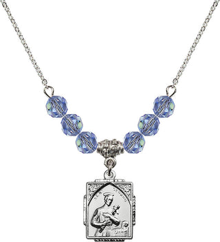 18" Rhodium Plated Necklace with 4mm Light Sapphire Crystal Beads featuring a Sterling Silver Saint Gerard Medal. Engraved Catholic Saint Jewelry