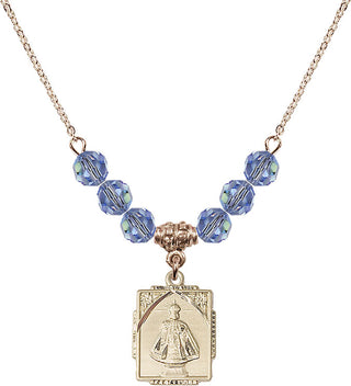 18" Hamilton Gold Plated Necklace with 4mm Light Sapphire Crystal Beads featuring a 14kt Gold Filled Infant of Prague Medal. Engraved Catholic Saint Jewelry