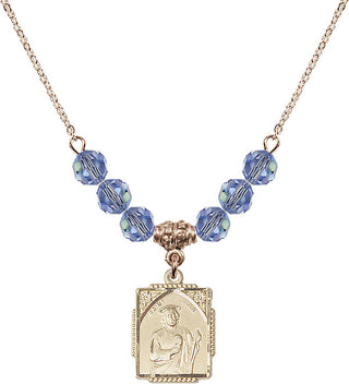 18" Hamilton Gold Plated Necklace with 4mm Light Sapphire Crystal Beads featuring a 14kt Gold Filled Saint Jude Medal. Engraved Catholic Saint Jewelry