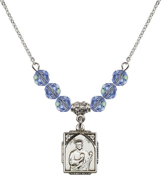 18" Rhodium Plated Necklace with 4mm Light Sapphire Crystal Beads featuring a Sterling Silver Saint Jude Medal. Engraved Catholic Saint Jewelry