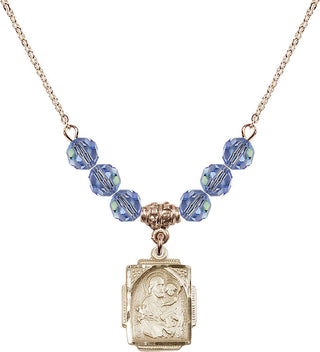 18" Hamilton Gold Plated Necklace with 4mm Light Sapphire Crystal Beads featuring a 14kt Gold Filled Saint Joseph Medal. Engraved Catholic Saint Jewelry