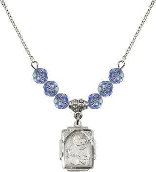 18" Rhodium Plated Necklace with 4mm Light Sapphire Crystal Beads featuring a Sterling Silver Saint Joseph Medal. Engraved Catholic Saint Jewelry