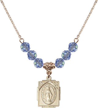 18" Hamilton Gold Plated Necklace with 4mm Light Sapphire Crystal Beads featuring a 14kt Gold Filled Miraculous Medal. Engraved Catholic Saint Jewelry