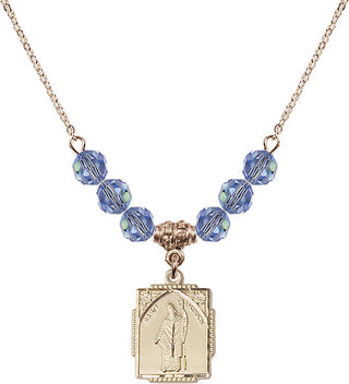 18" Hamilton Gold Plated Necklace with 4mm Light Sapphire Crystal Beads featuring a 14kt Gold Filled Saint Patrick Medal. Engraved Catholic Saint Jewelry