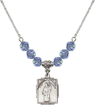 18" Rhodium Plated Necklace with 4mm Light Sapphire Crystal Beads featuring a Sterling Silver Saint Patrick Medal. Engraved Catholic Saint Jewelry