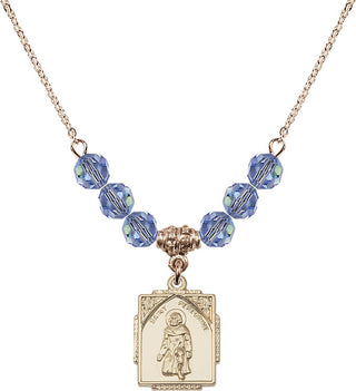 18" Hamilton Gold Plated Necklace with 4mm Light Sapphire Crystal Beads featuring a 14kt Gold Filled Saint Peregrine Medal. Engraved Catholic Saint Jewelry