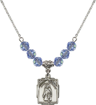 18" Rhodium Plated Necklace with 4mm Light Sapphire Crystal Beads featuring a Sterling Silver Saint Peregrine Medal. Engraved Catholic Saint Jewelry