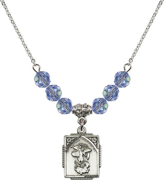 18" Rhodium Plated Necklace with 4mm Light Sapphire Crystal Beads featuring a Sterling Silver Saint Michael the Archangel Medal. Engraved Catholic Saint Jewelry