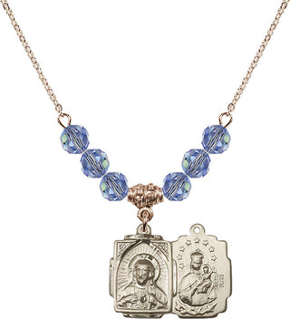 18" Hamilton Gold Plated Necklace with 4mm Light Sapphire Crystal Beads featuring a 14kt Gold Filled Scapular Medal.