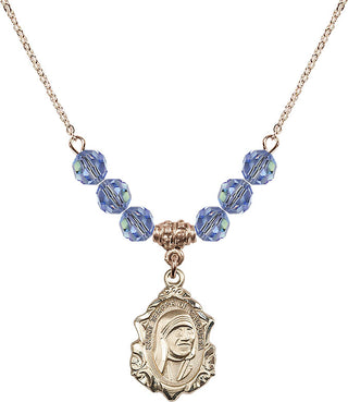 18" Hamilton Gold Plated Necklace with 4mm Light Sapphire Crystal Beads featuring a 14kt Gold Filled Saint Teresa of Calcutta Medal.