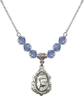 18" Rhodium Plated Necklace with 4mm Light Sapphire Crystal Beads featuring a Sterling Silver Saint Teresa of Calcutta Medal.
