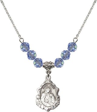 18" Rhodium Plated Necklace with 4mm Light Sapphire Crystal Beads featuring a Sterling Silver Saint Ann Medal. Engraved Catholic Saint Jewelry