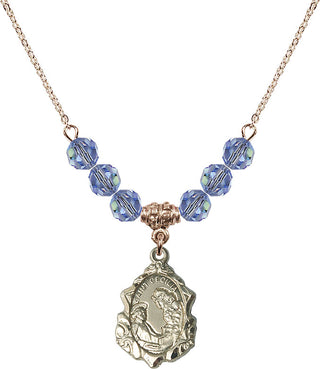 18" Hamilton Gold Plated Necklace with 4mm Light Sapphire Crystal Beads featuring a 14kt Gold Filled Saint Cecilia Medal. Engraved Catholic Saint Jewelry