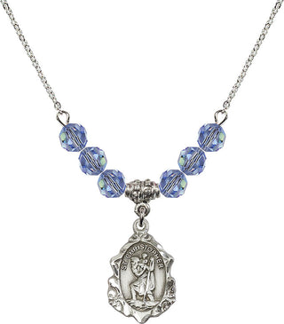 18" Rhodium Plated Necklace with 4mm Light Sapphire Crystal Beads featuring a Sterling Silver Saint Christopher Medal. Engraved Catholic Saint Jewelry